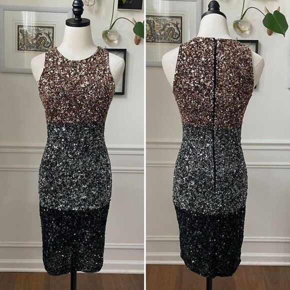 French Connection Sequin Cocktail Dress Metallic Colorblock Stripe Gold Silver 4 - Picture 2 of 10